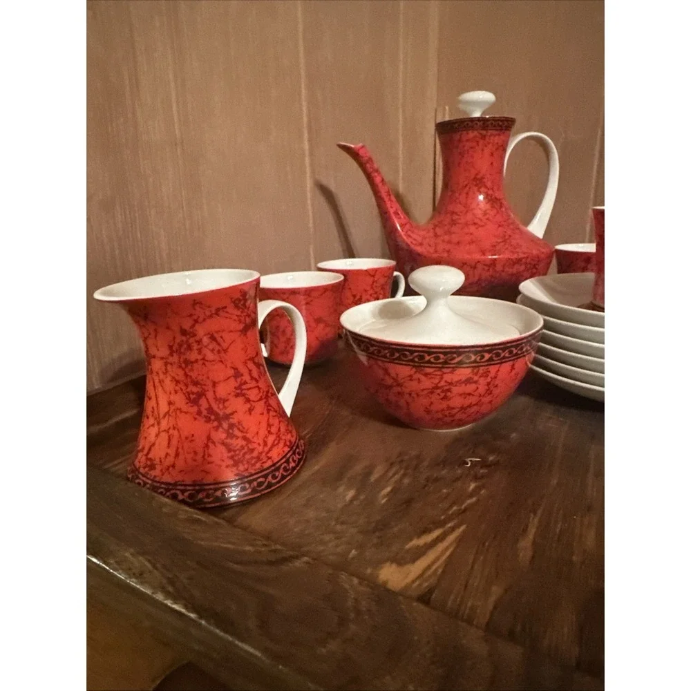Vintage Block Bidasoa Flamenco Black Red Tea Coffee Demitasse Set Spain 17 Piece